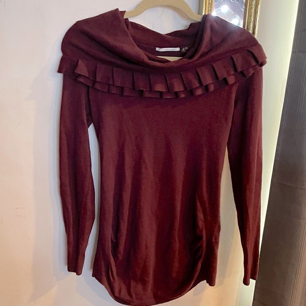 T. Tahari Ruffle Cowl Neck Sweater Maroon size Small